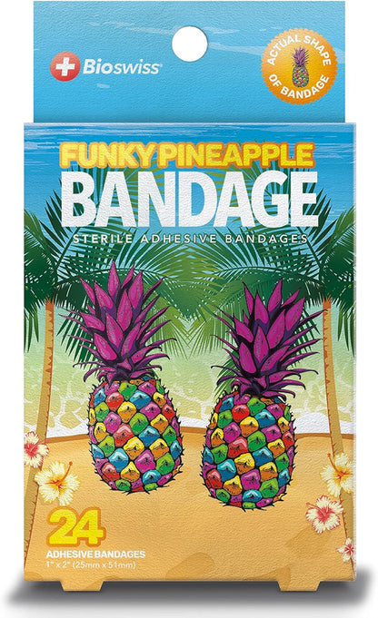 Bioswiss Bandages, Pineapple Shaped Self Adhesive Bandages, Latex Free Sterile Wound Care, Fun First Aid Kit Supplies for Kids, 24 Count