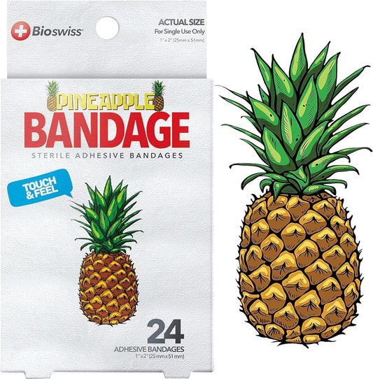 Bioswiss Bandages, Pineapple Shaped Self Adhesive Bandages, Latex Free Sterile Wound Care, Fun First Aid Kit Supplies for Kids, 24 Count